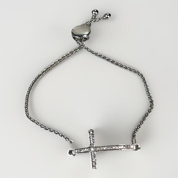 Adjustable Sterling Silver C Z Cross Bolo Bracelet - Dainty Religious Jewelry - Picture 1 of 12